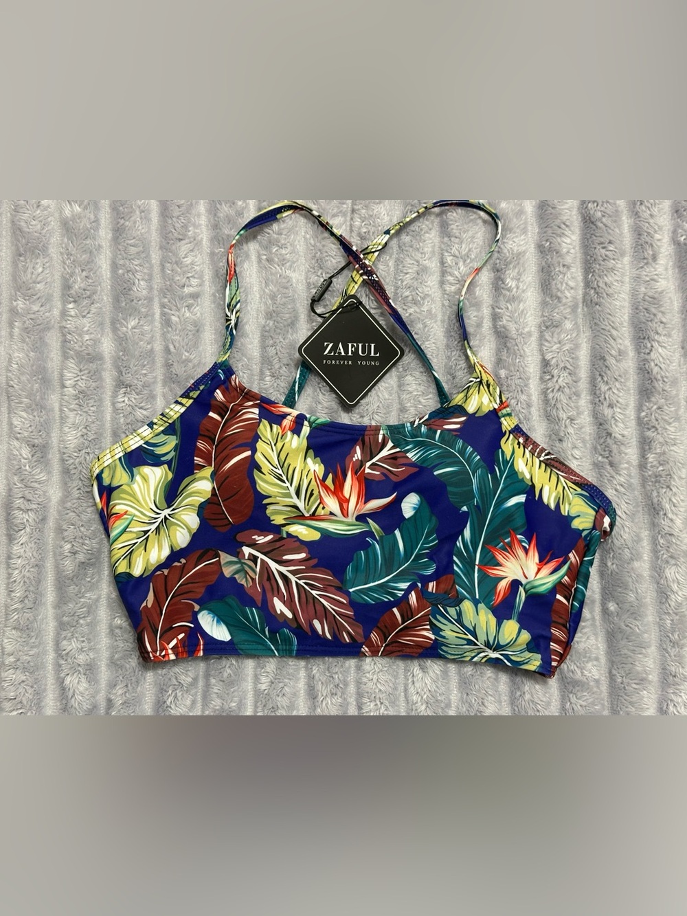 ZAFUL Tropical Floral Bikini Top — Navy Blue, Green & Multicolor — Size S — NWT